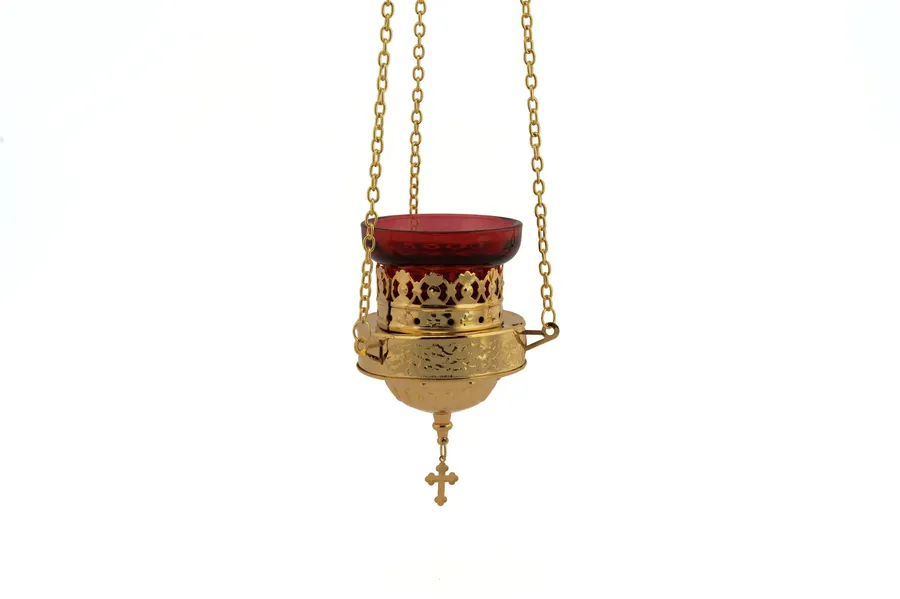 Hanging vigil lamp, lace pattern, brass