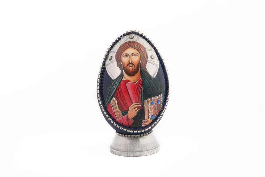 Deko-Ei aus Holz, Jesus Christus, blau